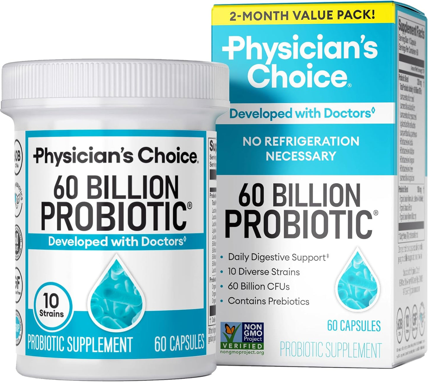 Probiotics 60 Billion CFU - 10 Strains + Organic Prebiotics - Immune. Digestive & Gut Health - Supports Occasional Constipation. Diarrhea. Gas & Bloating - for Women & Men - 30ct