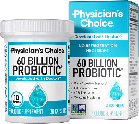 Probiotics 60 Billion CFU - 10 Strains + Organic Prebiotics - Immune. Digestive & Gut Health - Supports Occasional Constipation. Diarrhea. Gas & Bloating - for Women & Men - 30ct